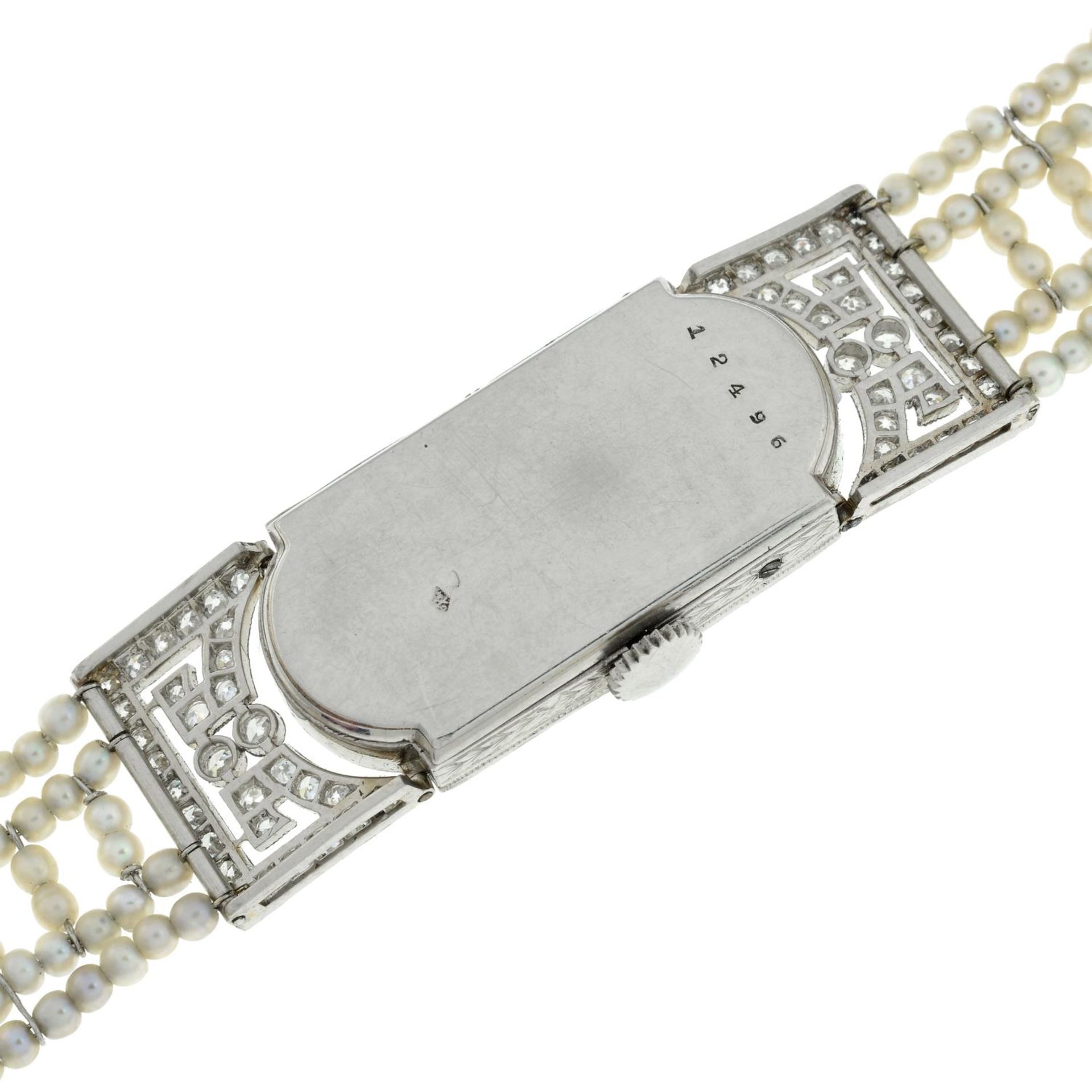 A lady's Art Deco platinum and 18ct gold diamond wristwatch, with seed pearl and diamond strap. - Bild 7 aus 7