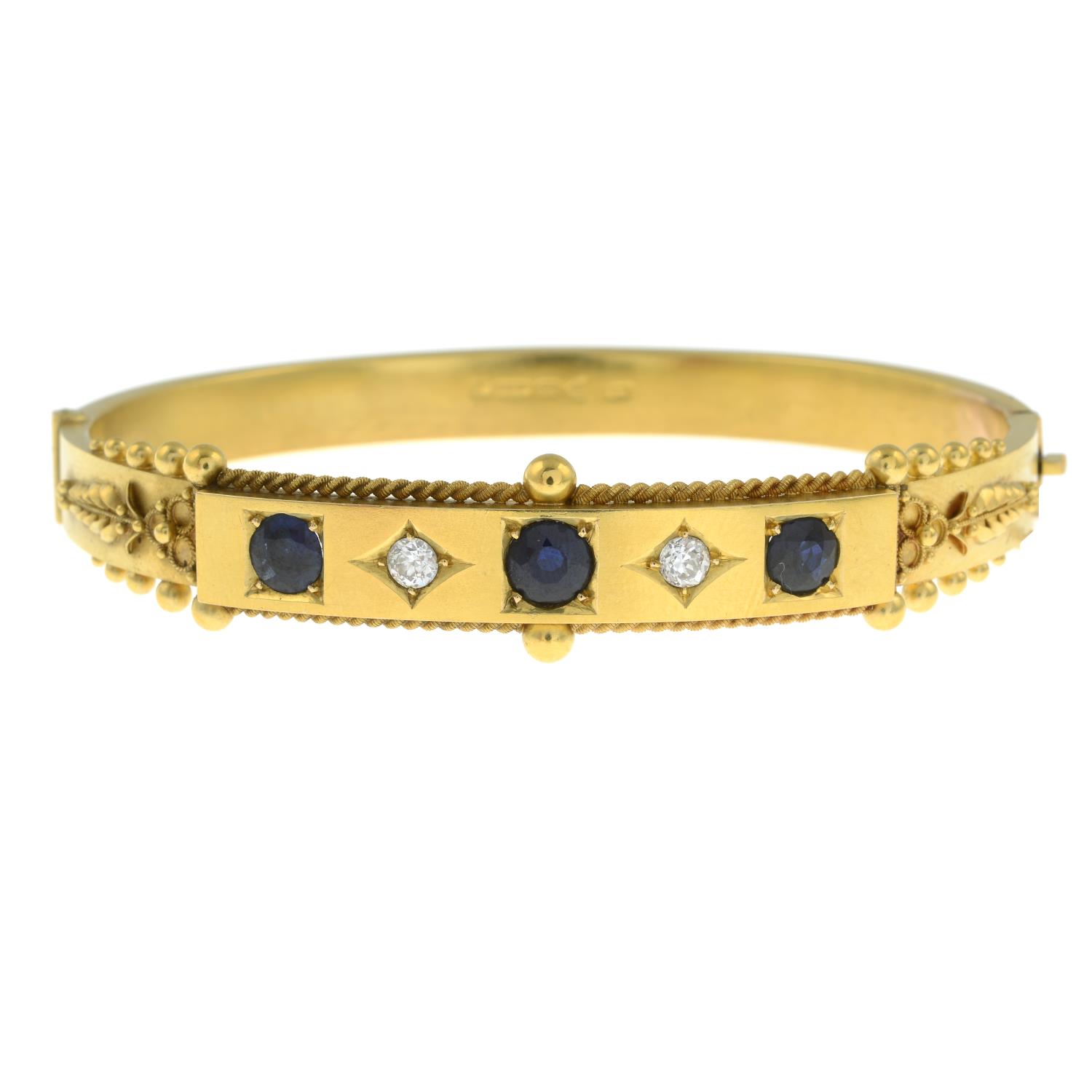 An early 20th century 15ct gold sapphire and circular-cut diamond hinged bangle, - Image 3 of 6