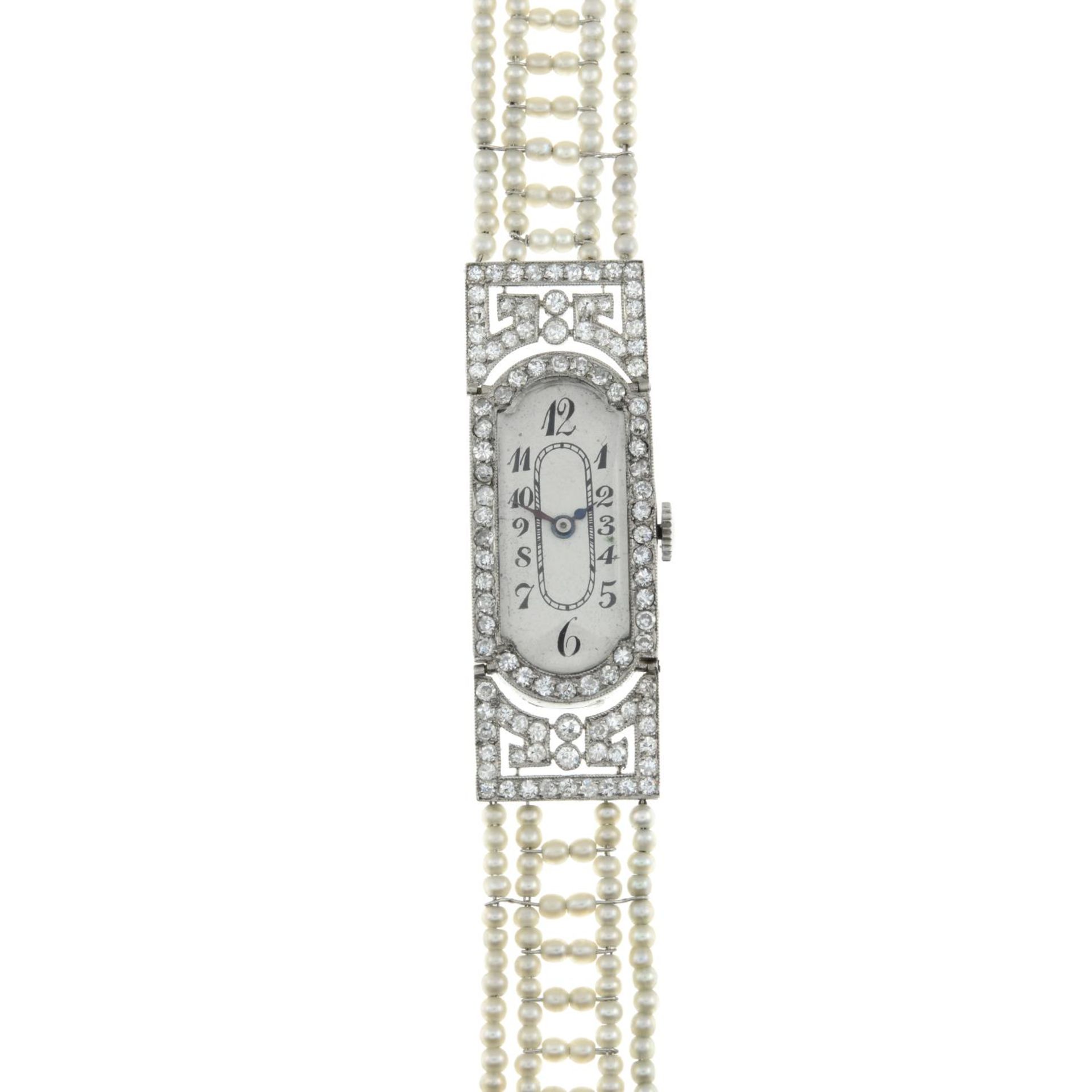 A lady's Art Deco platinum and 18ct gold diamond wristwatch, with seed pearl and diamond strap. - Bild 2 aus 7