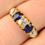 A late Victorian gold sapphire and old-cut diamond five-stone ring.