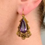 A pair of late Georgian 18ct gold foil back amethyst cannetille earrings.Length 4cms.