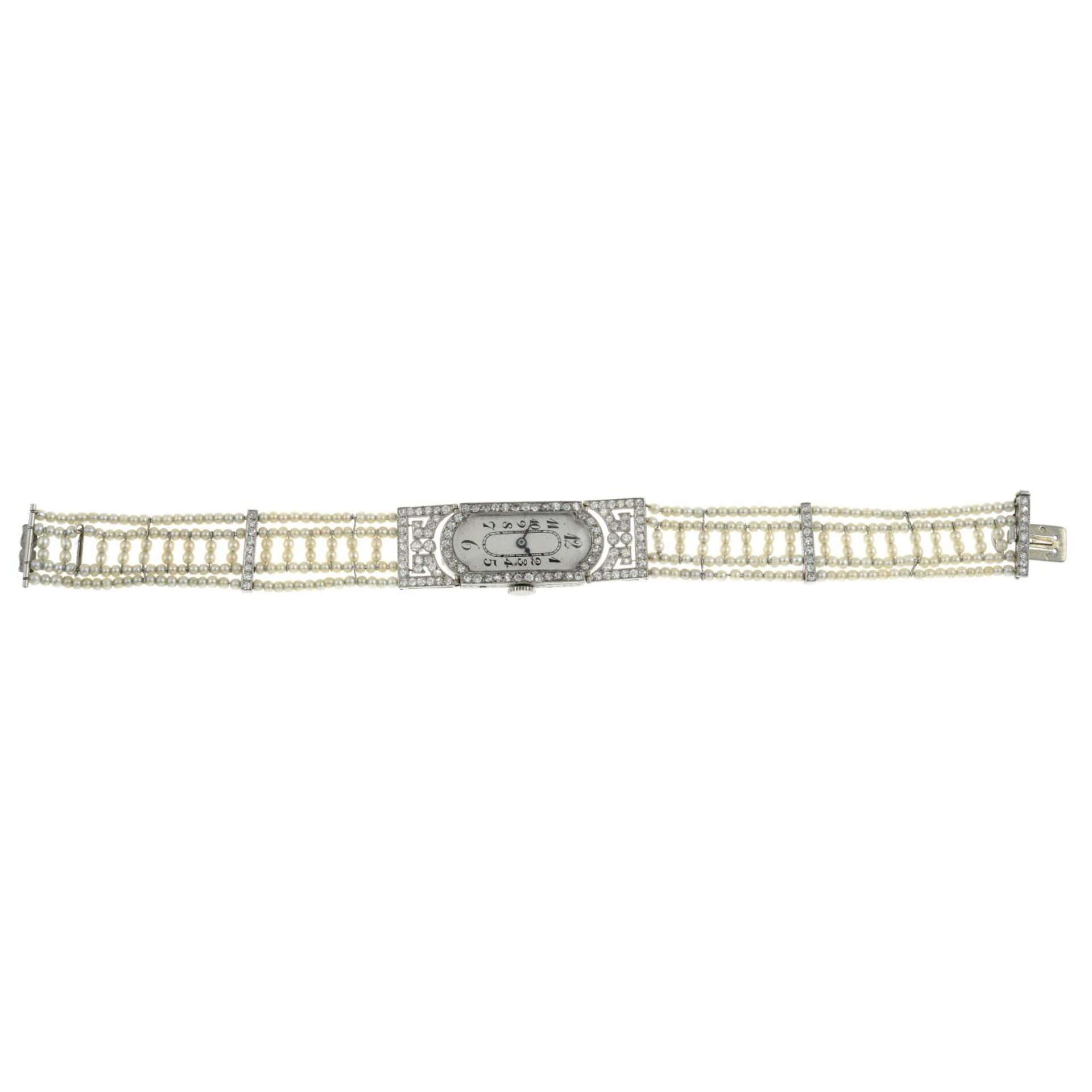 A lady's Art Deco platinum and 18ct gold diamond wristwatch, with seed pearl and diamond strap. - Bild 4 aus 7