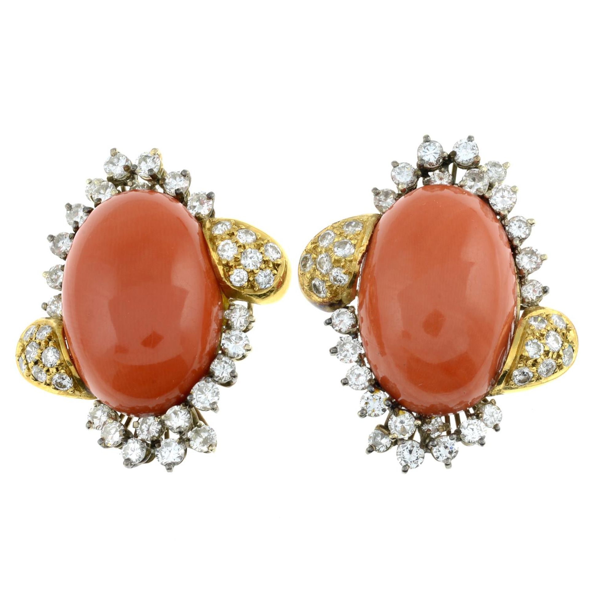 A pair of coral and diamond earrings.Estimated total diamond weight 4cts, - Image 2 of 5