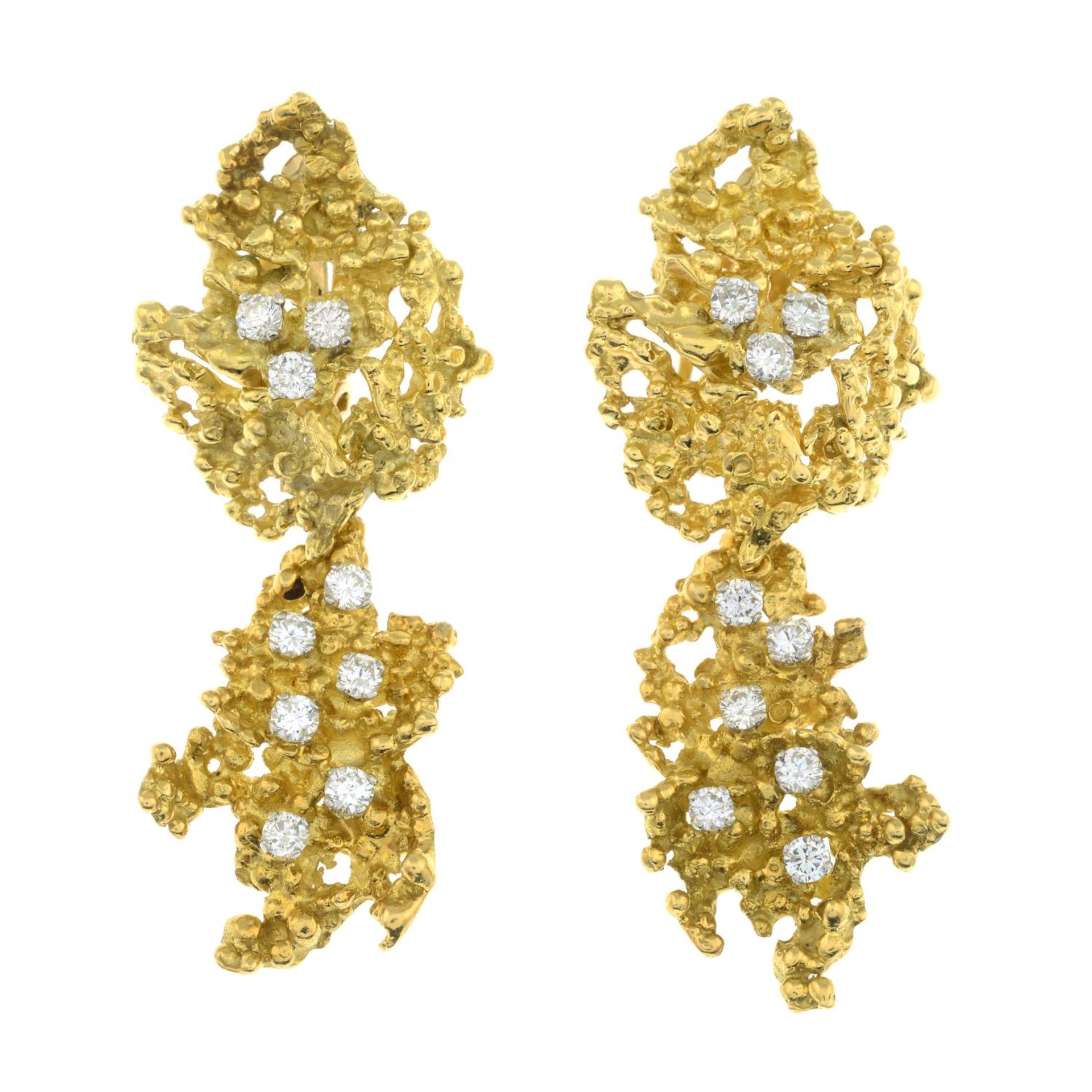 A pair of 1970's textured openwork and scattered brilliant-cut diamond earrings, - Image 3 of 6