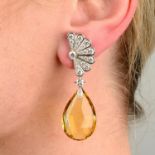 A pair of 18ct gold diamond fan earrings, with detachable citrine drop sections.