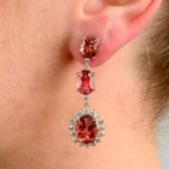 A pair of pink tourmaline and diamond drop earrings.