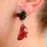 A pair of floral carved pink and green tourmaline earrings,