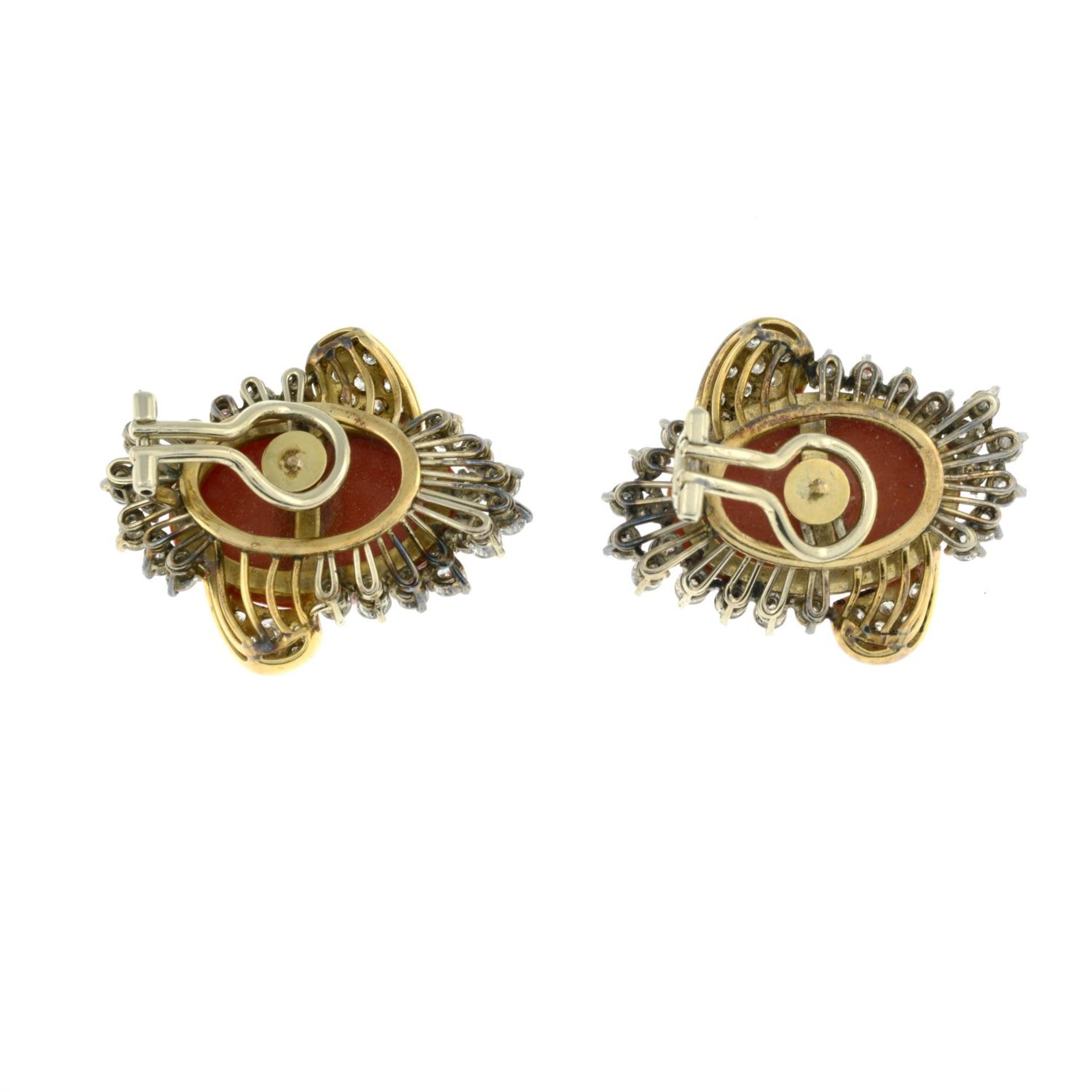 A pair of coral and diamond earrings.Estimated total diamond weight 4cts, - Image 5 of 5