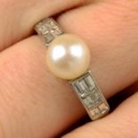 A natural pearl single-stone ring, with baguette-cut diamond shoulders.