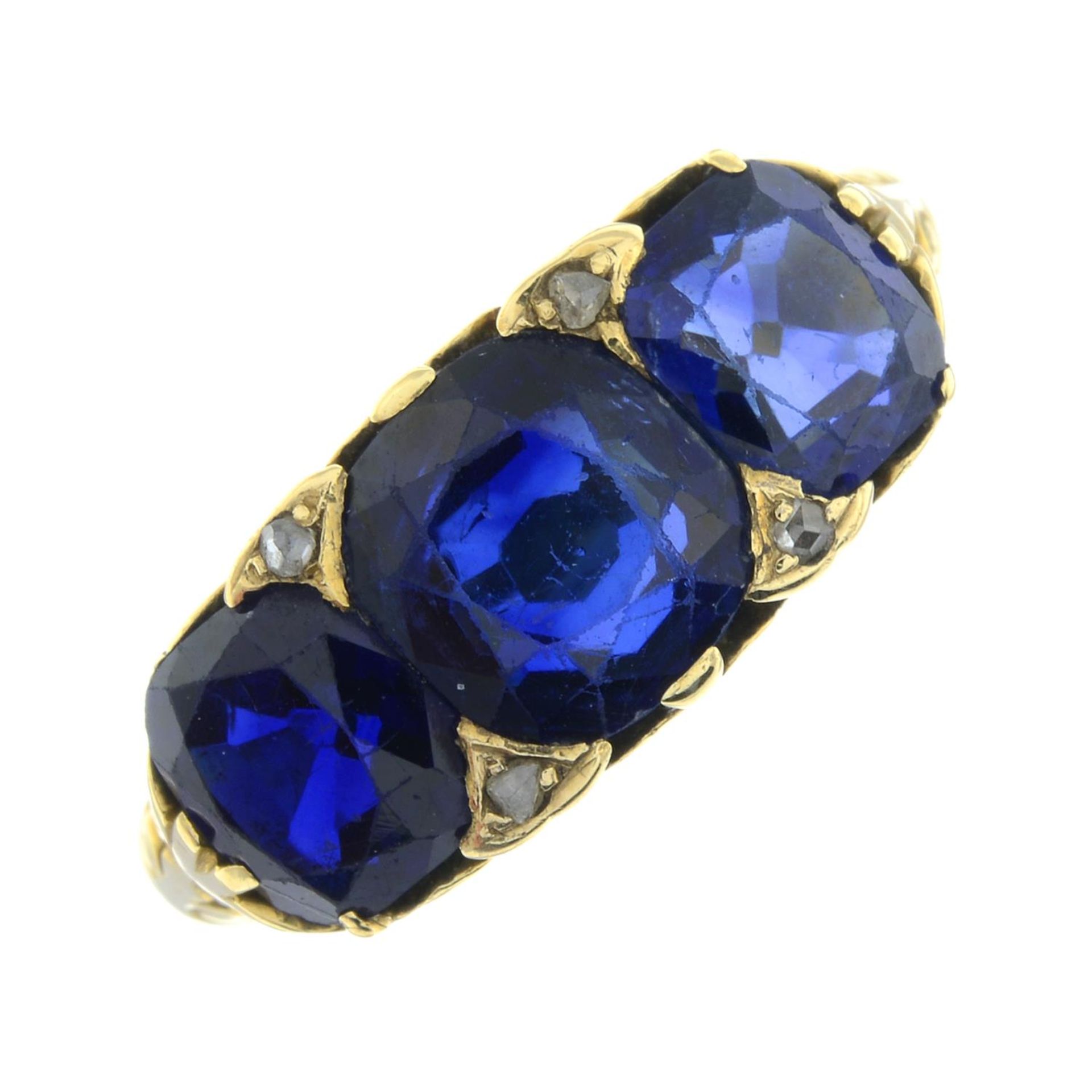 A late Victorian 18ct gold no-heat sapphire three-stone and diamond point accent ring.With report - Image 2 of 8