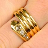 An early 20th century 18ct gold diamond snake ring.