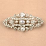 A natural pearl and vari-cut diamond brooch.Verbal from GCS, stating natural, saltwater.