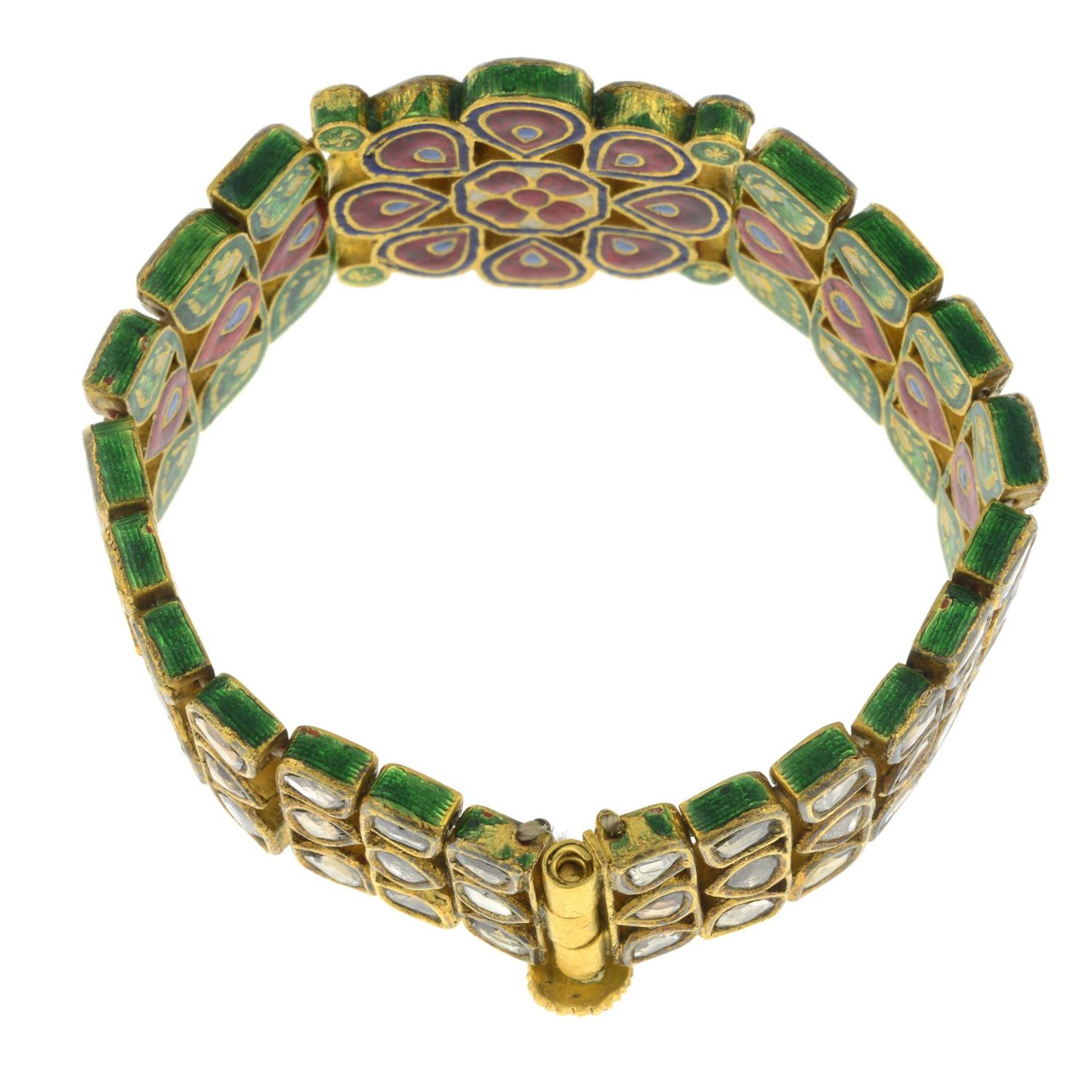 A Kundan emerald and polki diamond enamel bracelet.Length 16.8cms. - Image 7 of 7