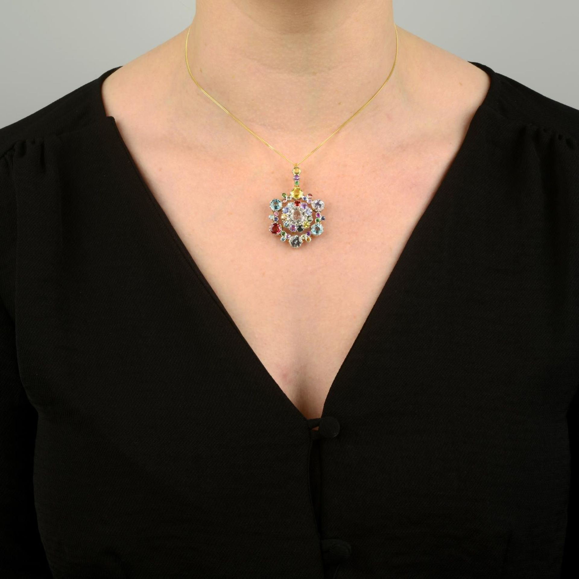 A multi-gem cluster pendant, to include vari-hue sapphires and zircons.Length 4.5cms. - Image 4 of 6
