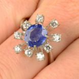 A mid 20th century sapphire and brilliant-cut diamond cluster ring.Sapphire calculated weight