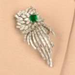 A mid 20th century platinum emerald and vari-cut diamond spray brooch.