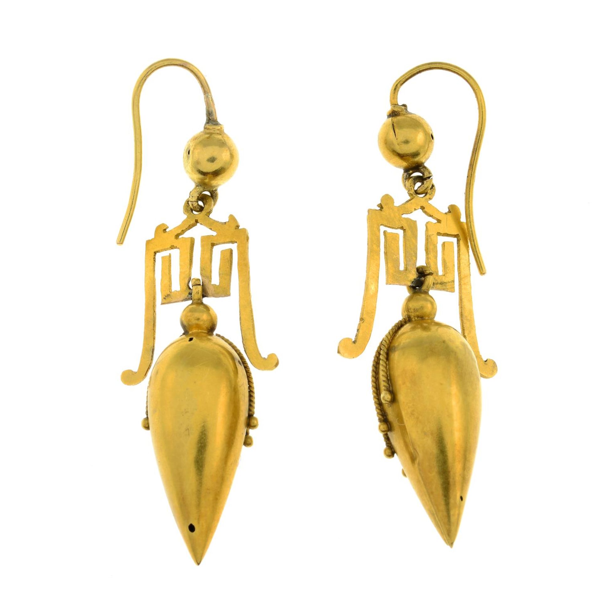 A pair of late Victorian gold cannetille and Greek-Key motif earrings.Length 4cms. - Image 5 of 5