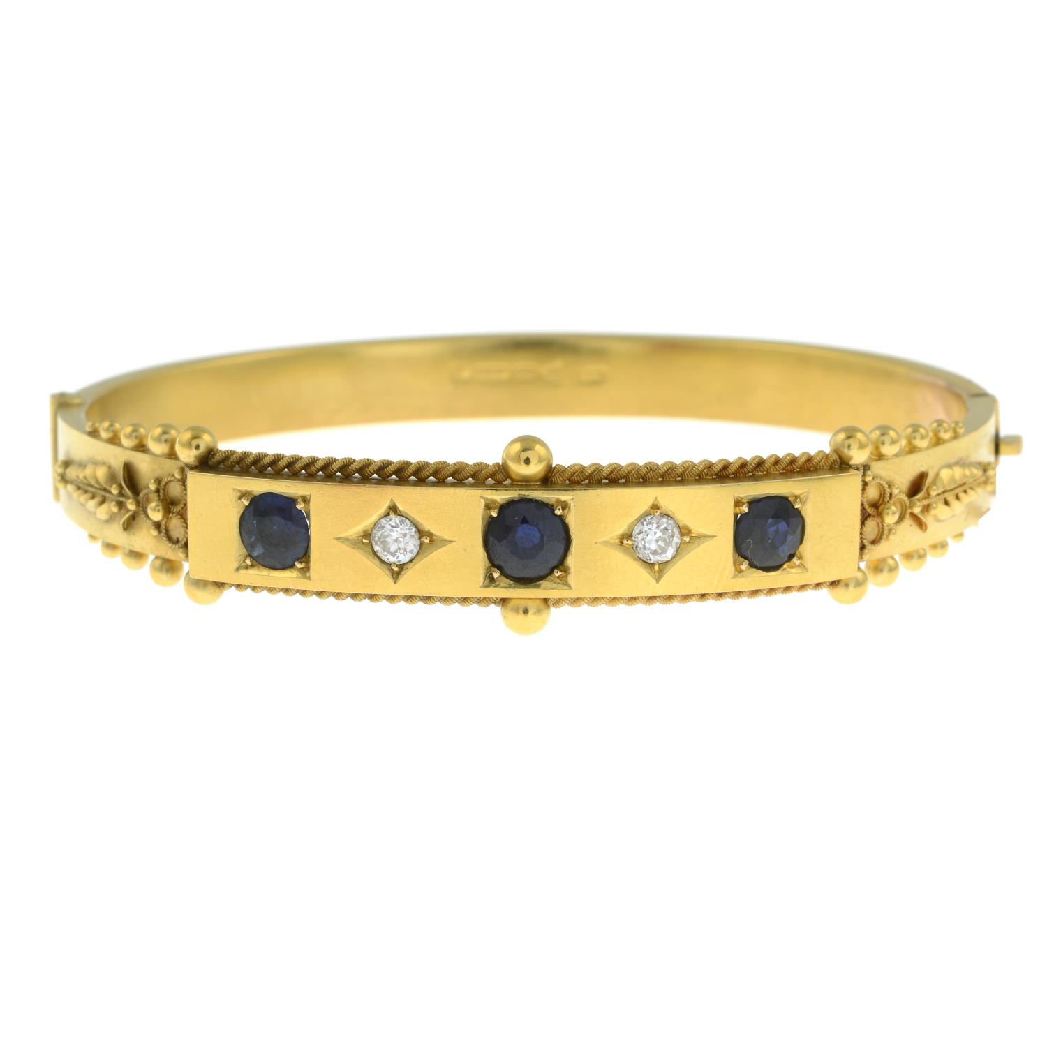 An early 20th century 15ct gold sapphire and circular-cut diamond hinged bangle, - Image 2 of 6