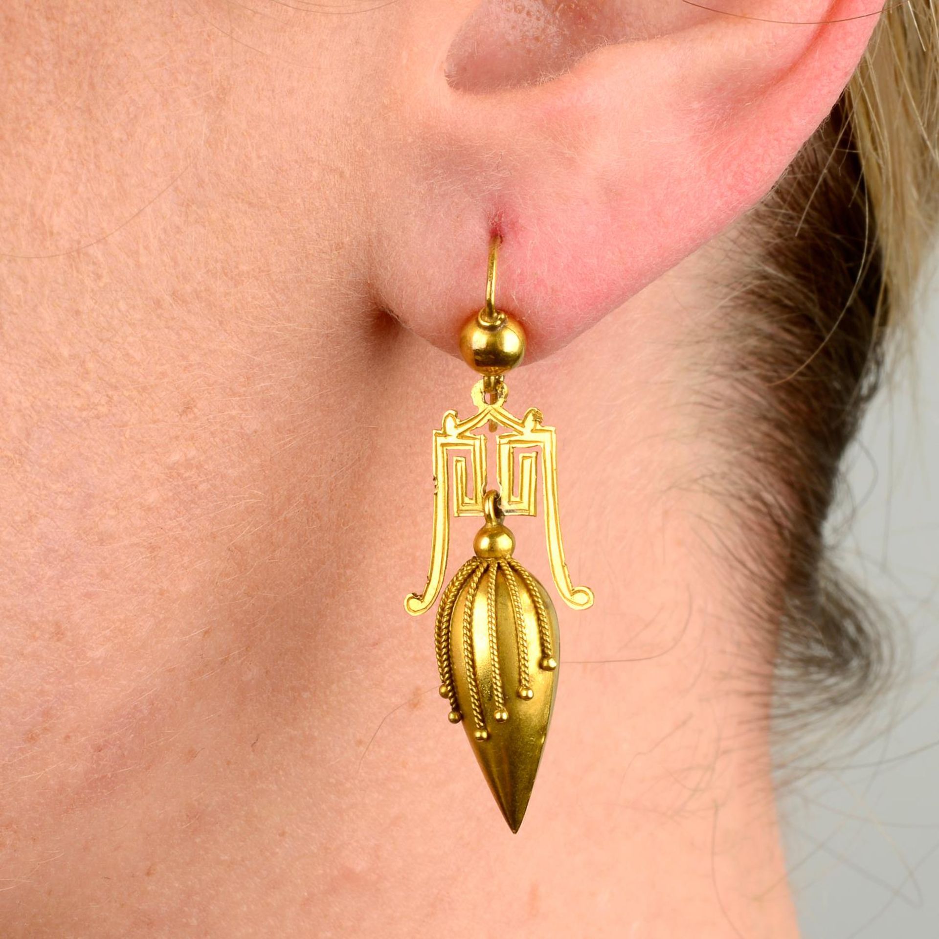 A pair of late Victorian gold cannetille and Greek-Key motif earrings.Length 4cms. - Image 2 of 5