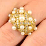 A cultured pearl and diamond bombe lattice dress ring.