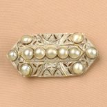 A mid 20th century natural split pearl and rose-cut diamond brooch.Length 5cms.