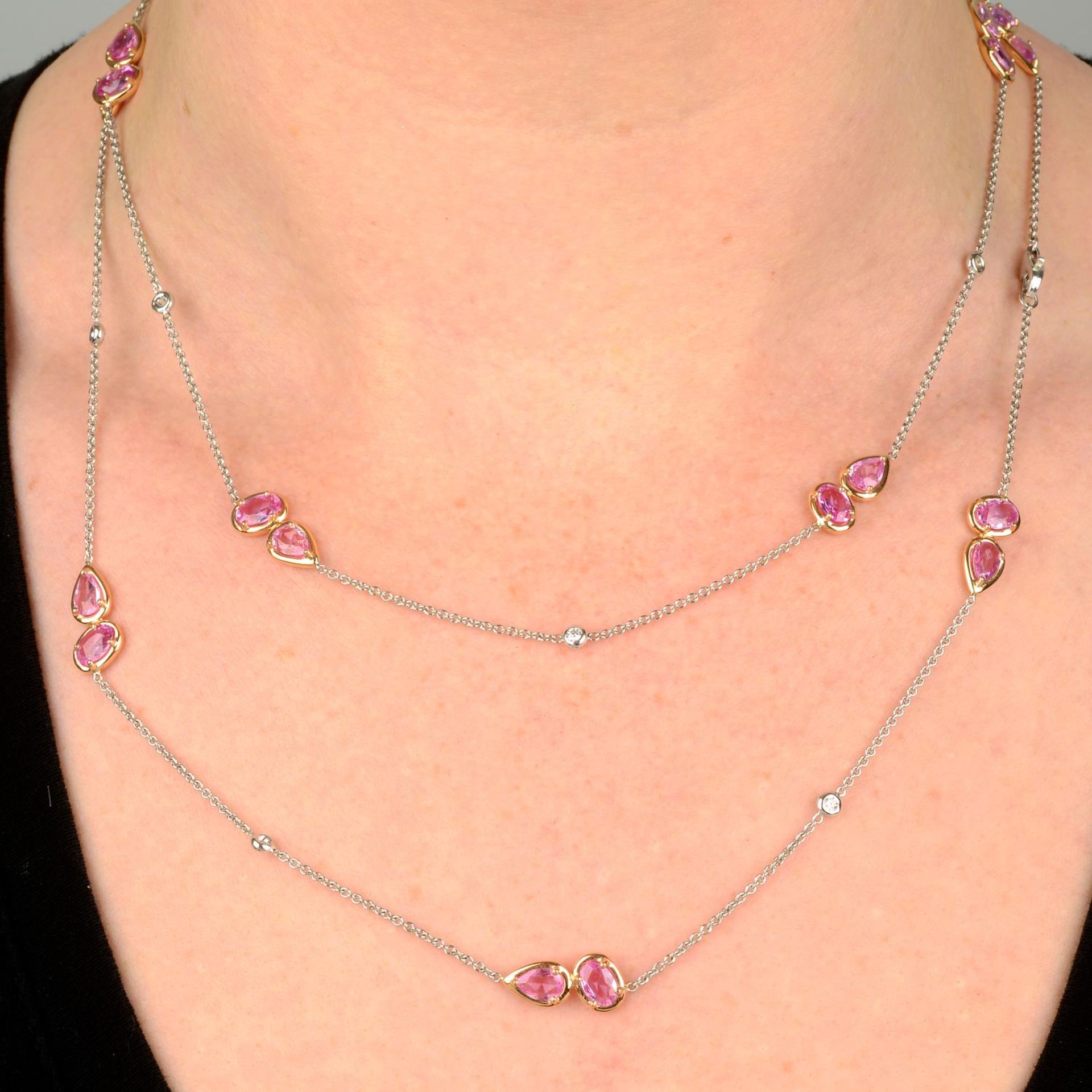 An 18ct gold pink sapphire and brilliant-cut diamond 'Beneath the Rose' necklace.Estimated total