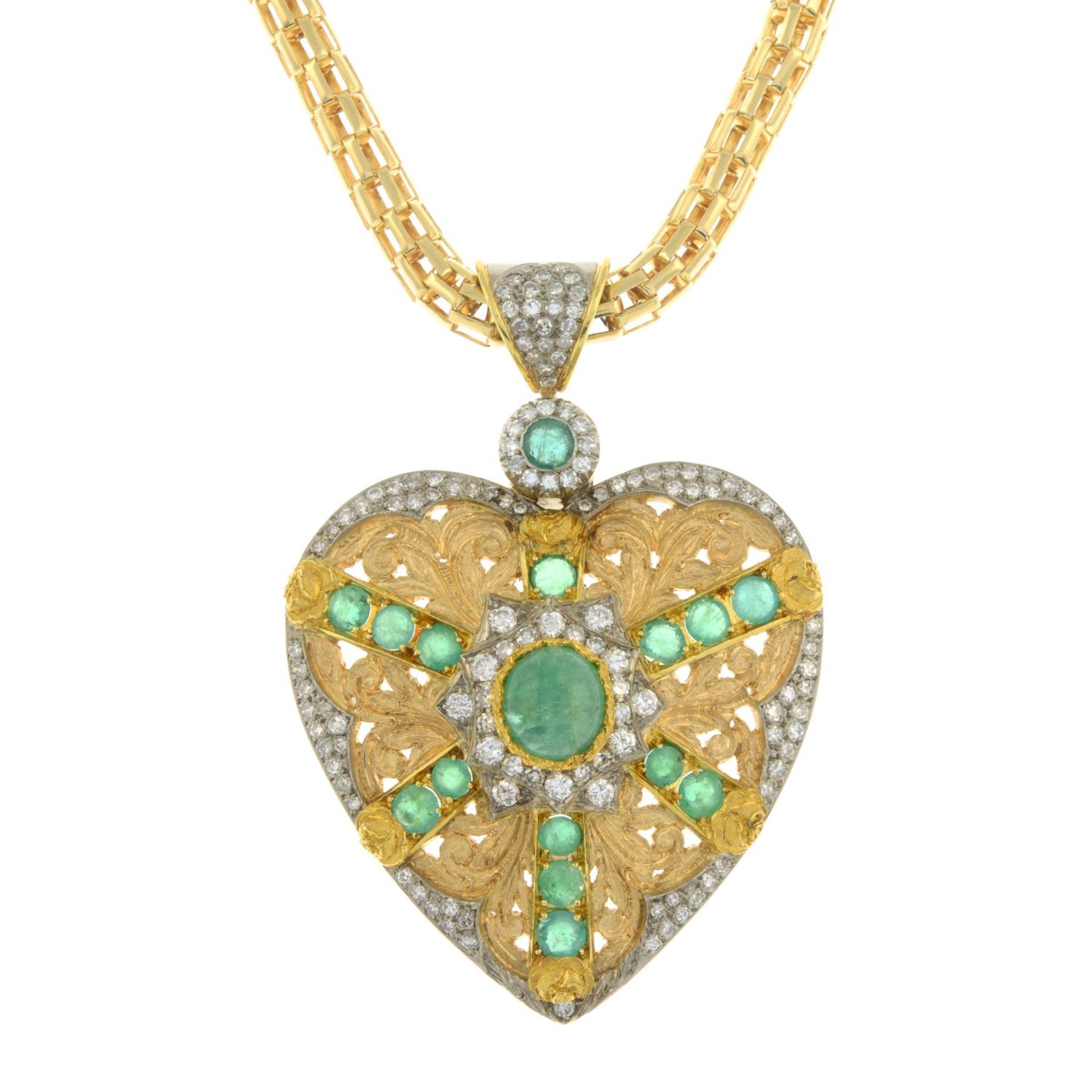 An emerald and diamond heart pendant, with fancy-link chain. - Image 2 of 8