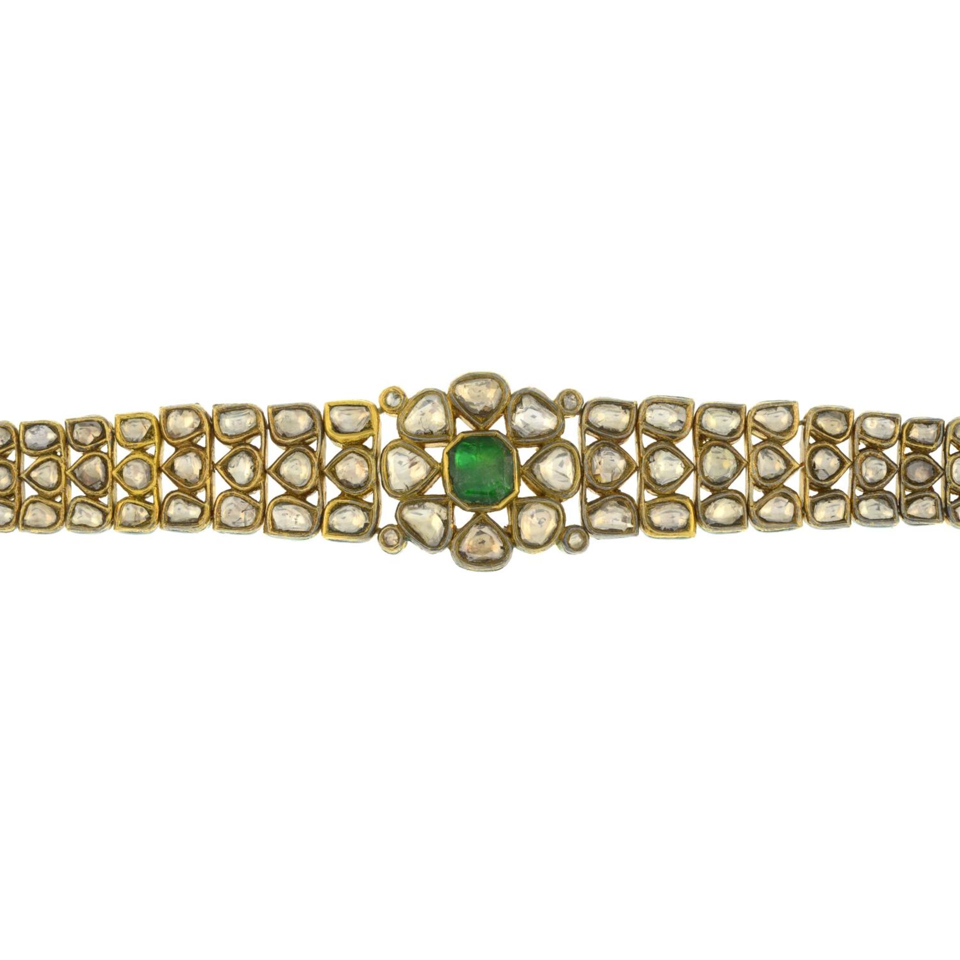 A Kundan emerald and polki diamond enamel bracelet.Length 16.8cms. - Bild 2 aus 7