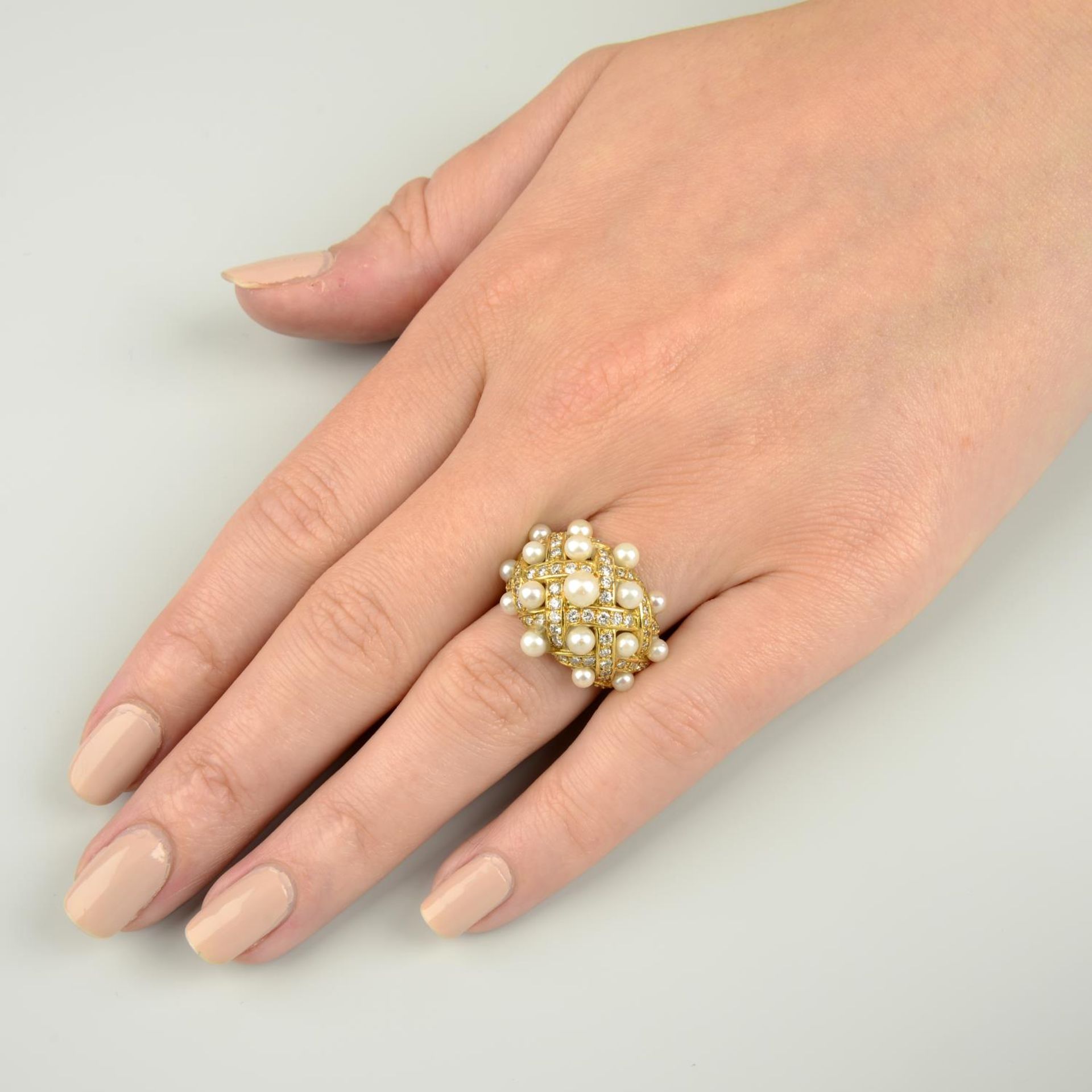 A cultured pearl and diamond bombe lattice dress ring. - Image 6 of 8