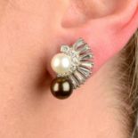 A pair of vari-hue cultured pearl and diamond earrings.