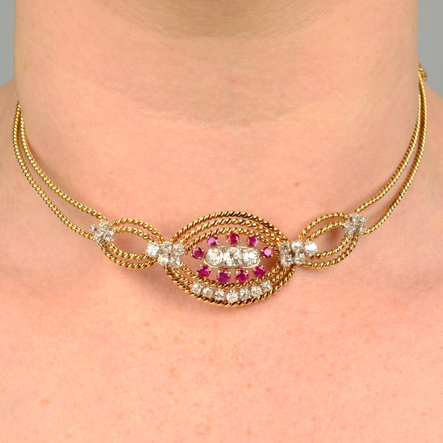 An old-cut diamond and ruby rope-twist necklace,