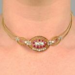 An old-cut diamond and ruby rope-twist necklace,