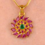 A ruby and emerald floral cluster pendant and chain, with matching earrings.