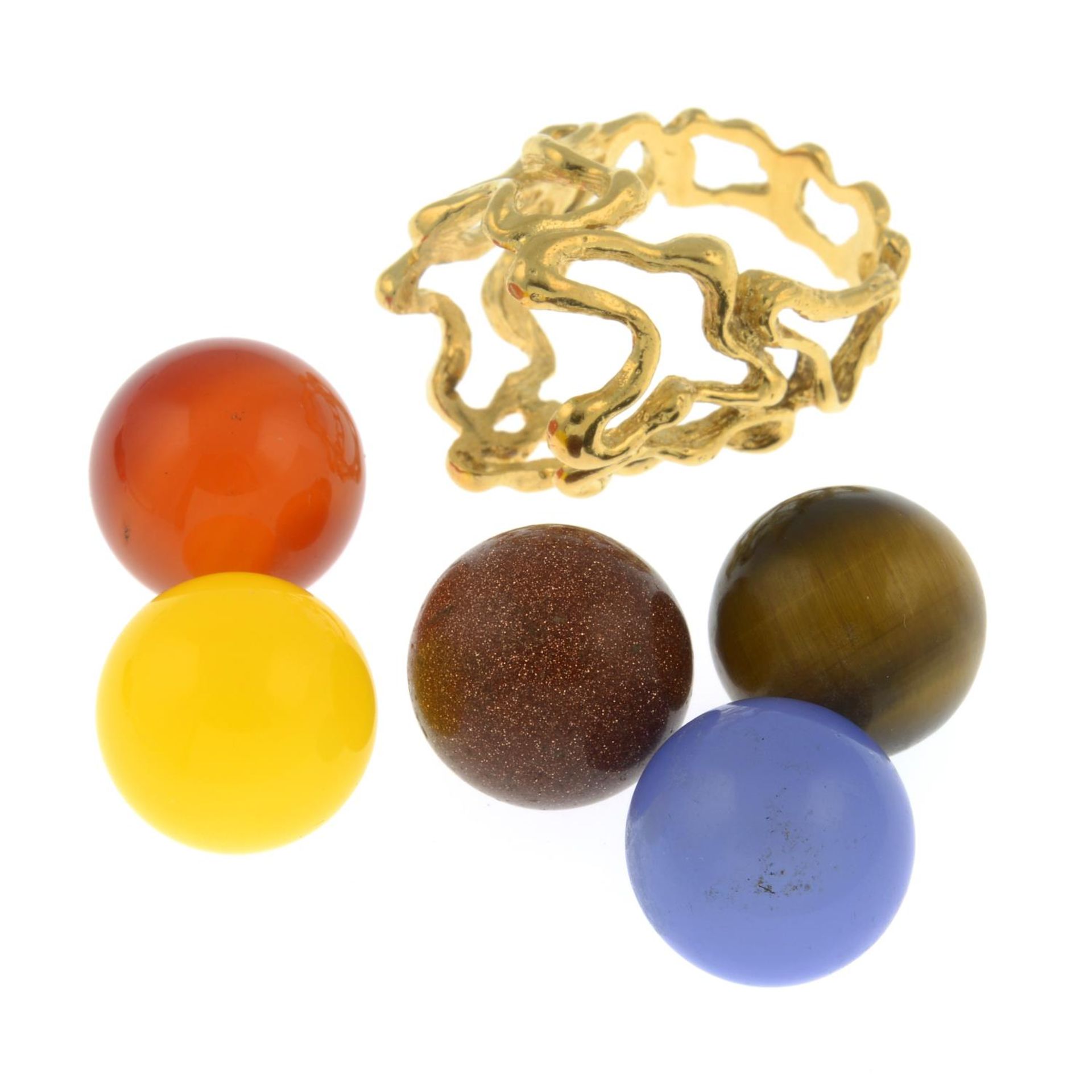 A 1970s 18ct gold textured openwork panel ring with five interchangeable agate spheres, - Image 9 of 10