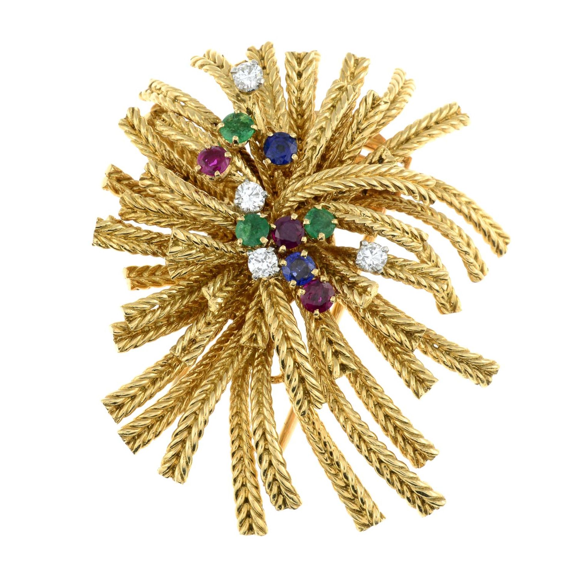 A mid 20th century 18ct gold ruby, sapphire, emerald and diamond spray brooch, by Cartier. - Image 2 of 6