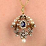 A late Victorian silver and gold, sapphire, diamond and pearl floral pendant, with later chain.