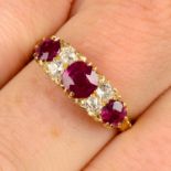 A late Victorian gold ruby three-stone ring, with old-cut and rose-cut diamond spacers.