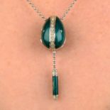 An 18ct gold teal enamel and diamond egg lariat necklace, by Fabergé.