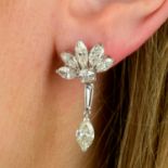 A pair of vari-cut diamond earrings.Estimated total diamond weight 4.50cts,