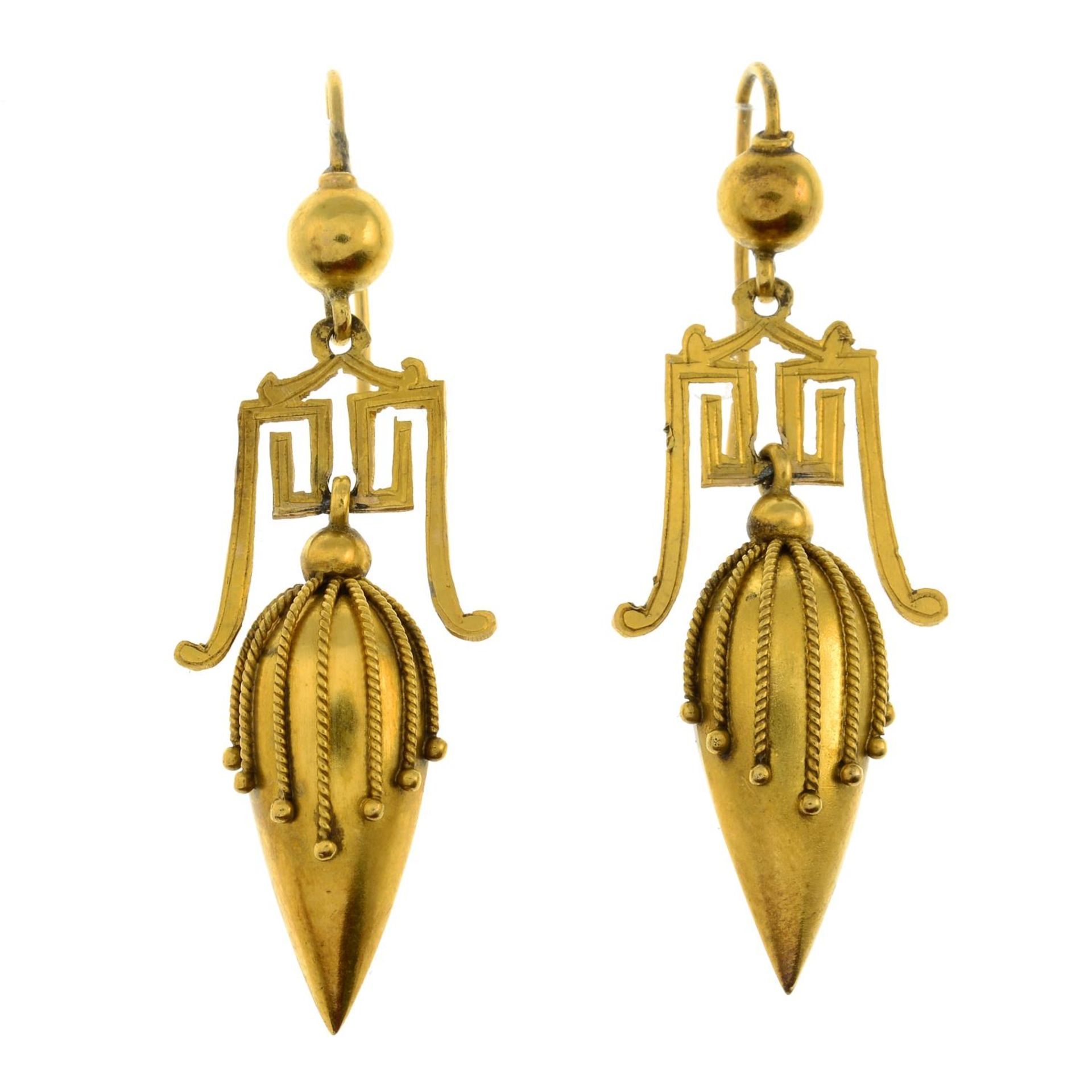 A pair of late Victorian gold cannetille and Greek-Key motif earrings.Length 4cms. - Image 4 of 5