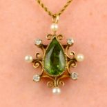 An early 20th century 15ct gold peridot, seed pearl and diamond pendant, with chain.