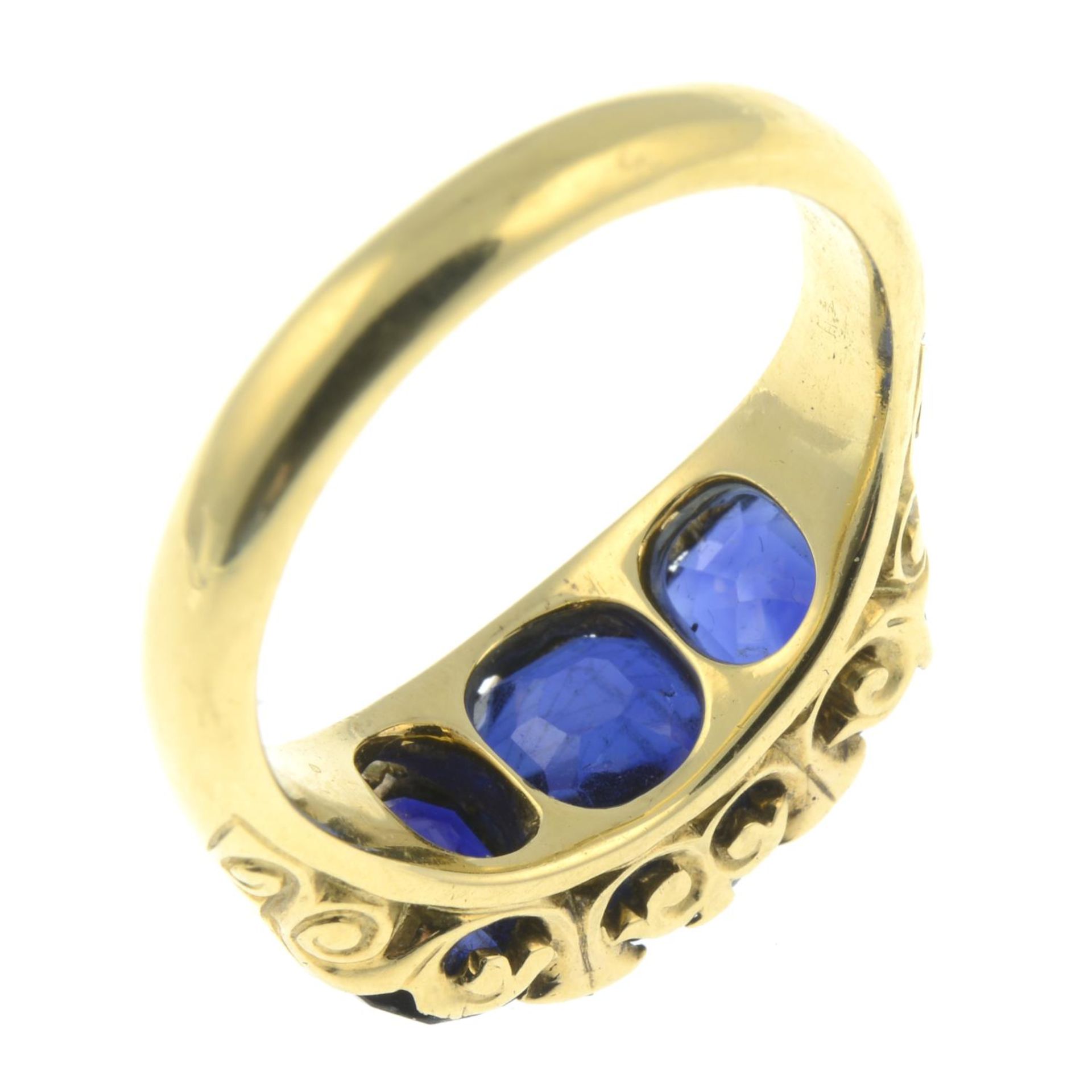 A late Victorian 18ct gold no-heat sapphire three-stone and diamond point accent ring.With report - Image 5 of 8