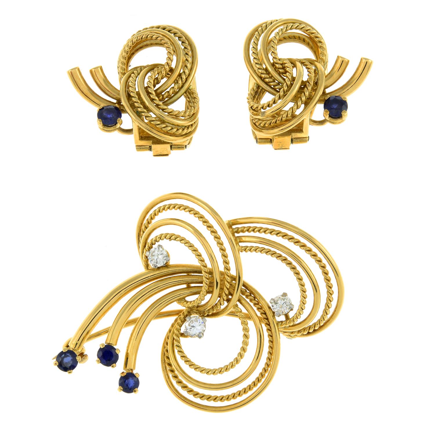 A 1950s 18ct gold sapphire and diamond rope twist brooch, - Image 6 of 7