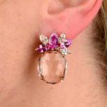 A pair of 18ct gold morganite, pink sapphire and diamond earrings.