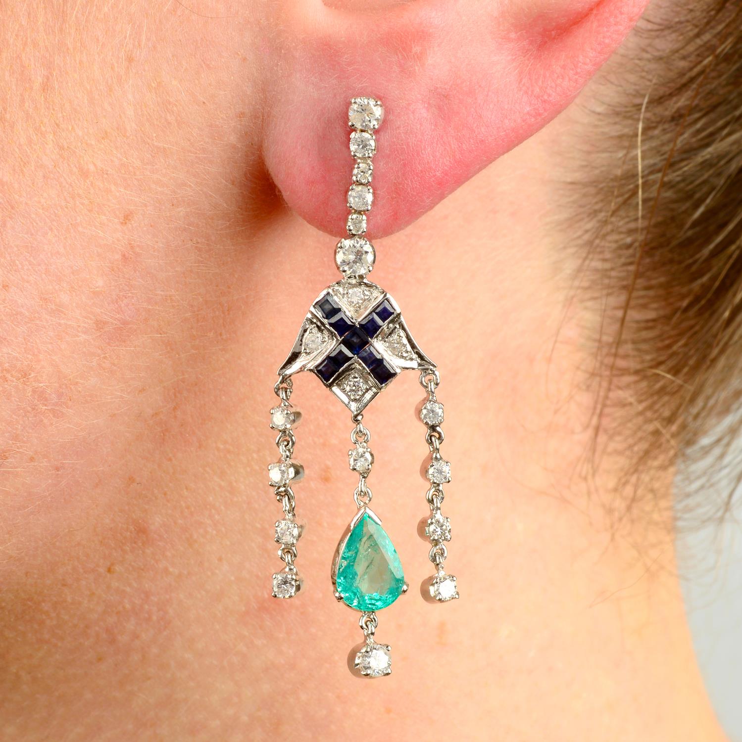 A pair of emerald, sapphire and diamond drop earrings.
