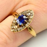 A late 19th century 18ct gold Ceylon sapphire and rose-cut diamond cluster ring.