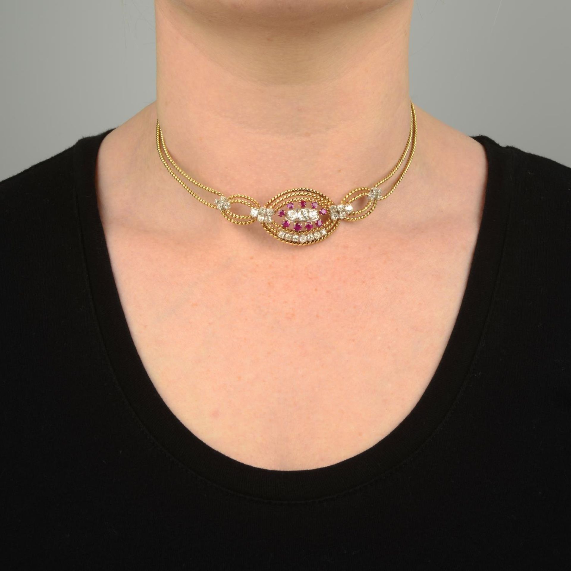 An old-cut diamond and ruby rope-twist necklace, - Image 5 of 7