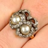 A late Victorian silver and gold, split pearl and old-cut diamond double heart ring.