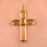 A late Georgian gold peachy yellow topaz cross pendant.Length 5.6cms.