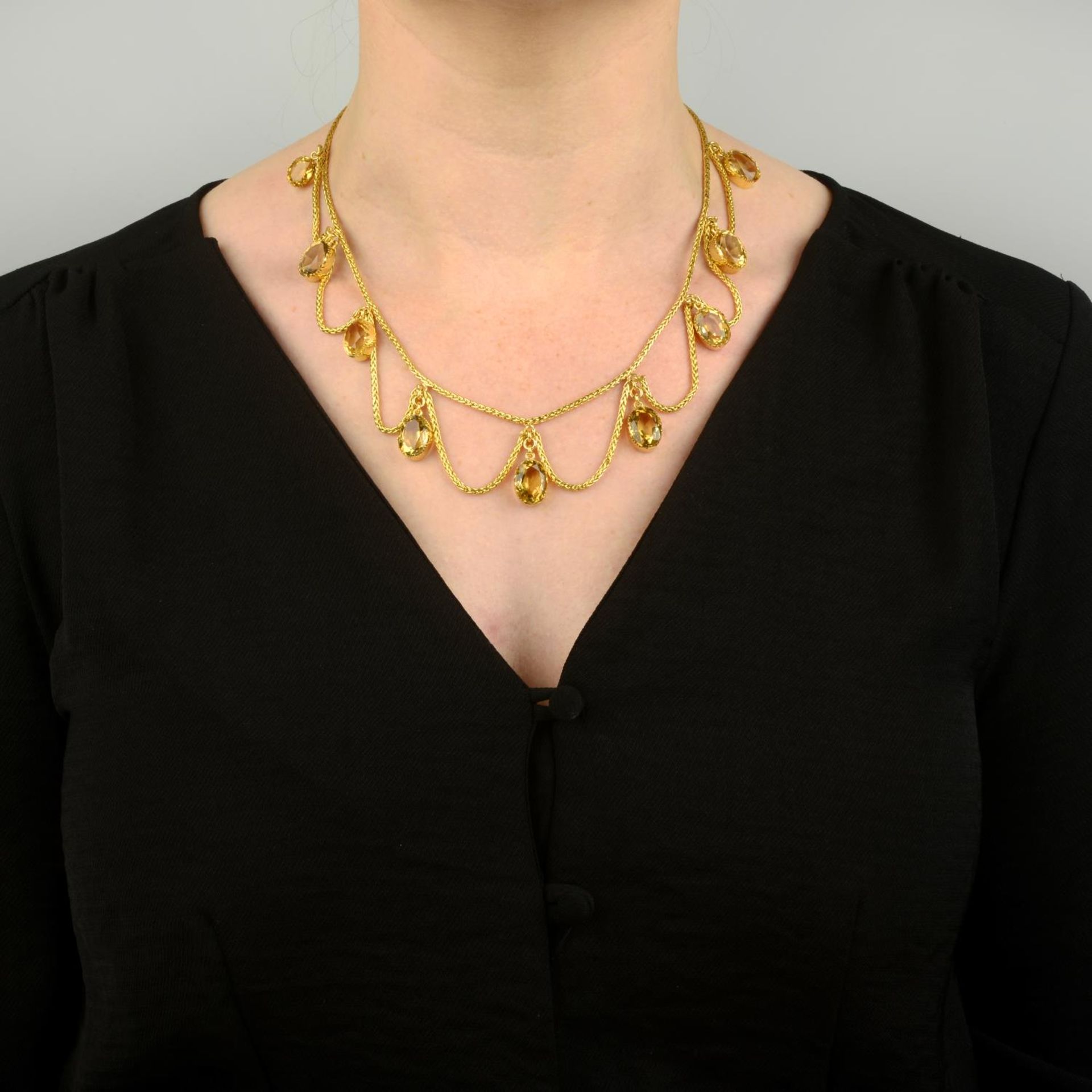 A late Victorian gold citrine and swag fringe necklace.Length 45.8cms. - Image 4 of 7